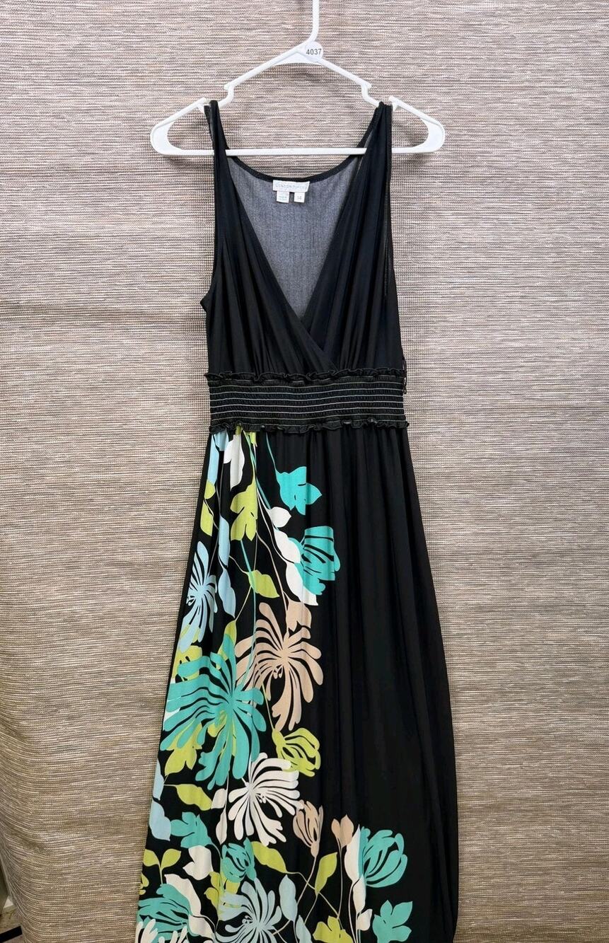 London Times Dress Womens Sz 14 Black Tropical Floral Maxi Sundress Sleeveless